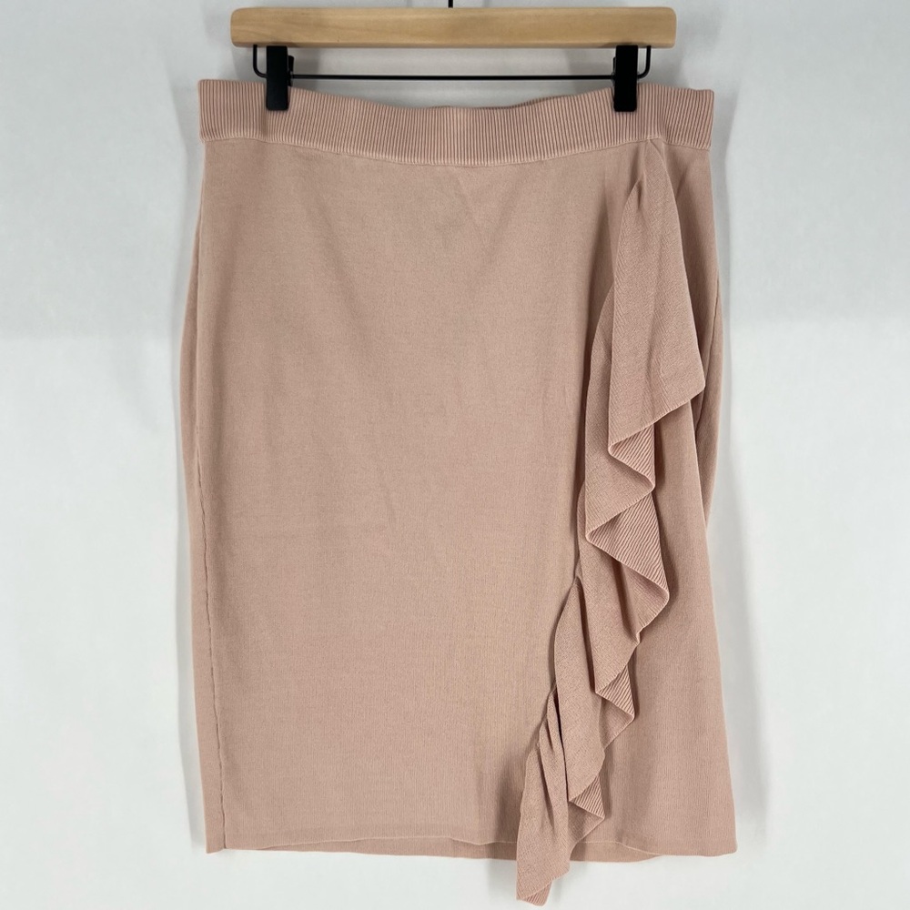 Midnight Velvet Petal Pink Stretch Knit Ruffle Front Pull On Pencil Skirt Size L